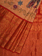 Light Yellow Kalamkari Hand Painted Kanchipuram Silk Handloom Saree with Dashavatar Design - Global Threads | Grocsy