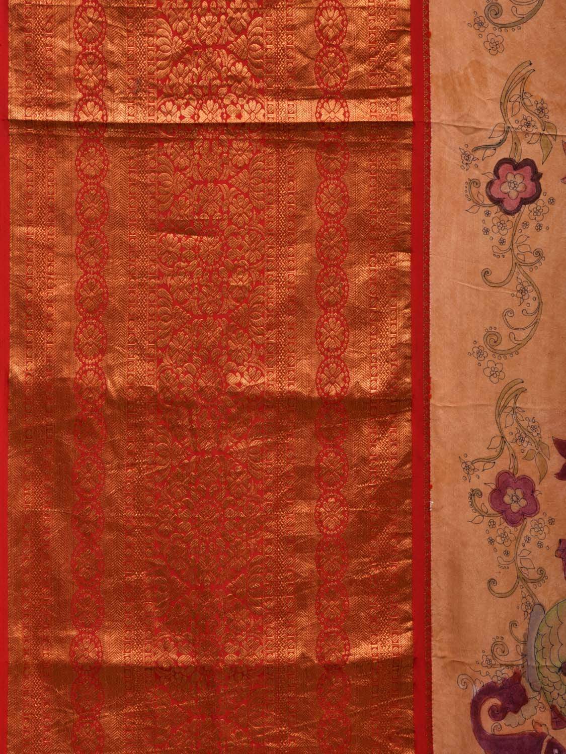 Light Yellow Kalamkari Hand Painted Kanchipuram Silk Handloom Saree with Dashavatar Design - Global Threads | Grocsy