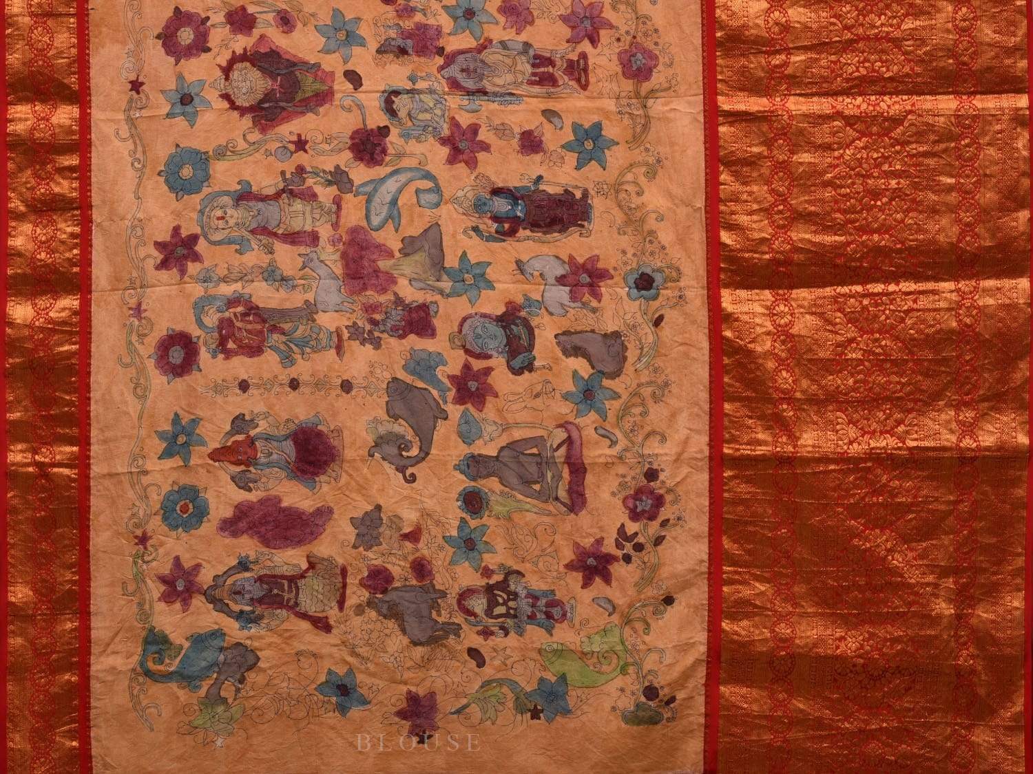 Light Yellow Kalamkari Hand Painted Kanchipuram Silk Handloom Saree with Dashavatar Design - Global Threads | Grocsy