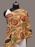 Light Yellow Kalamkari Hand Painted Sico Stole with Floral and Peacocks Design - Global Threads | Grocsy