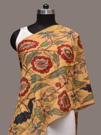 Light Yellow Kalamkari Hand Painted Sico Stole with Floral and Peacocks Design - Global Threads | Grocsy