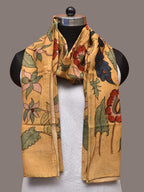 Light Yellow Kalamkari Hand Painted Sico Stole with Floral and Peacocks Design - Global Threads | Grocsy