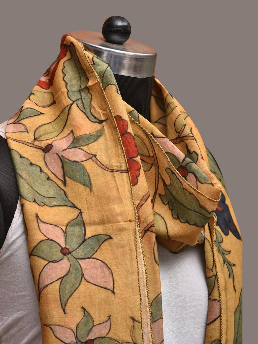 Light Yellow Kalamkari Hand Painted Sico Stole with Floral and Peacocks Design - Global Threads | Grocsy