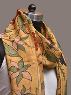 Light Yellow Kalamkari Hand Painted Sico Stole with Floral and Peacocks Design - Global Threads | Grocsy