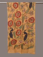 Light Yellow Kalamkari Hand Painted Sico Stole with Floral and Peacocks Design - Global Threads | Grocsy