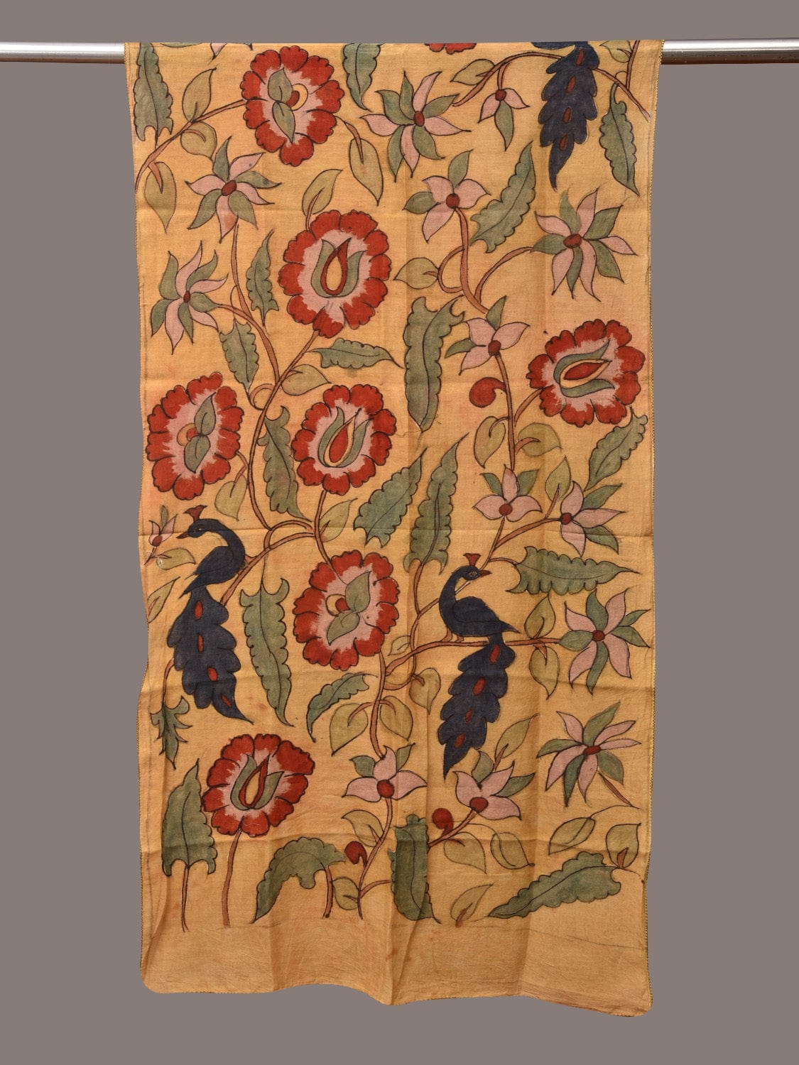 Light Yellow Kalamkari Hand Painted Sico Stole with Floral and Peacocks Design - Global Threads | Grocsy