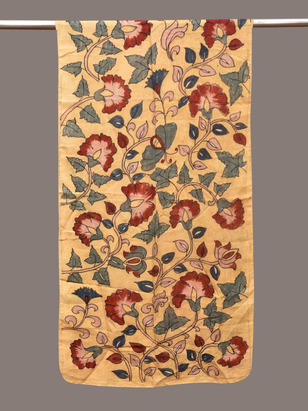 Light Yellow Kalamkari Hand Painted Sico Stole with Floral Design - Global Threads | Grocsy