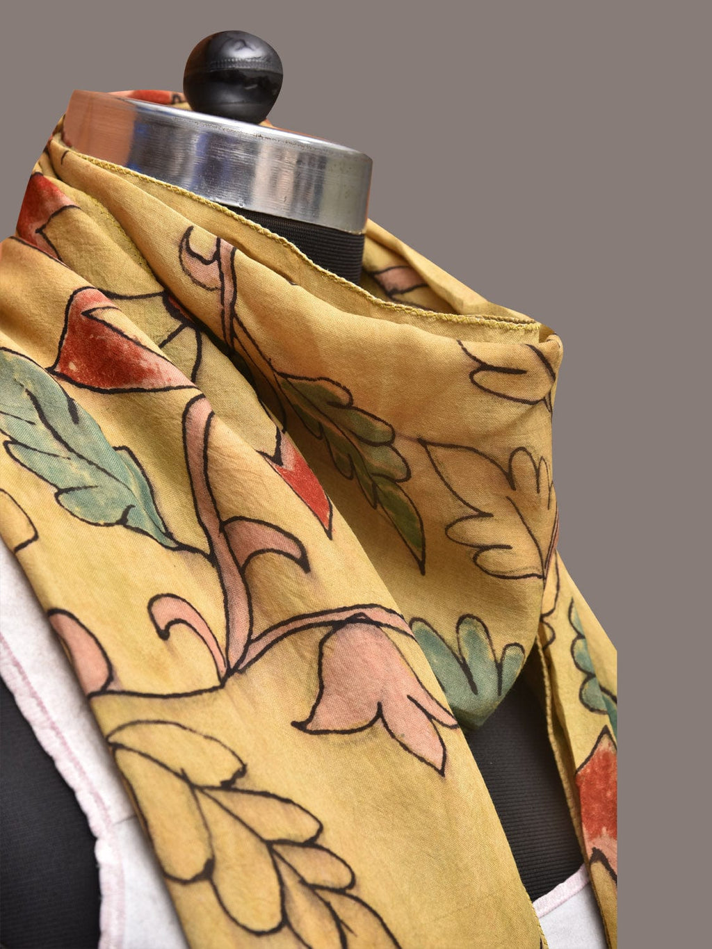Light Yellow Kalamkari Hand Painted Sico Stole with Floral Design - Global Threads | Grocsy