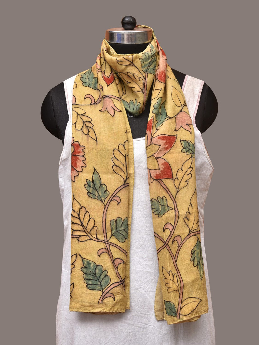 Light Yellow Kalamkari Hand Painted Sico Stole with Floral Design - Global Threads | Grocsy