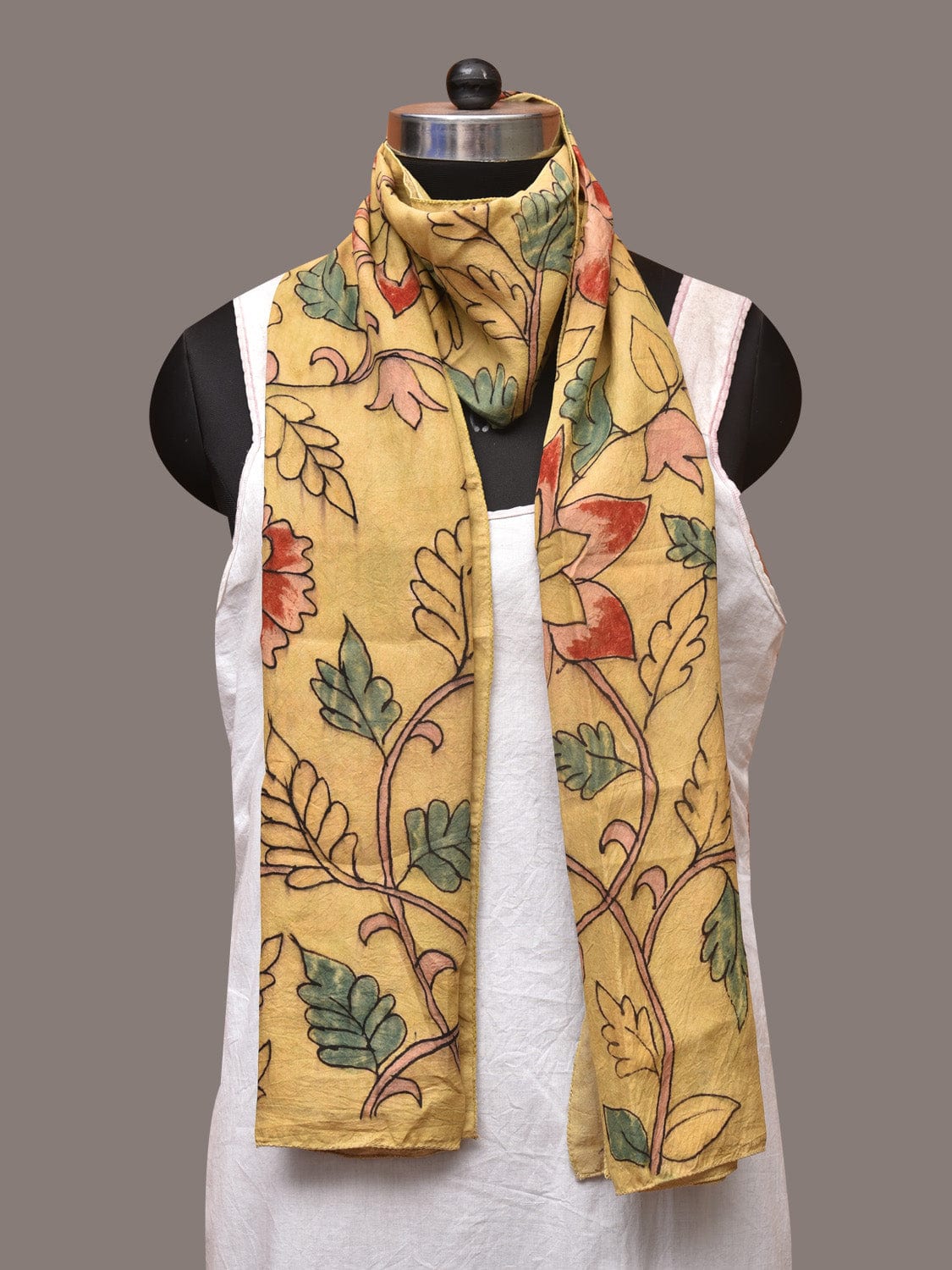 Light Yellow Kalamkari Hand Painted Sico Stole with Floral Design - Global Threads | Grocsy