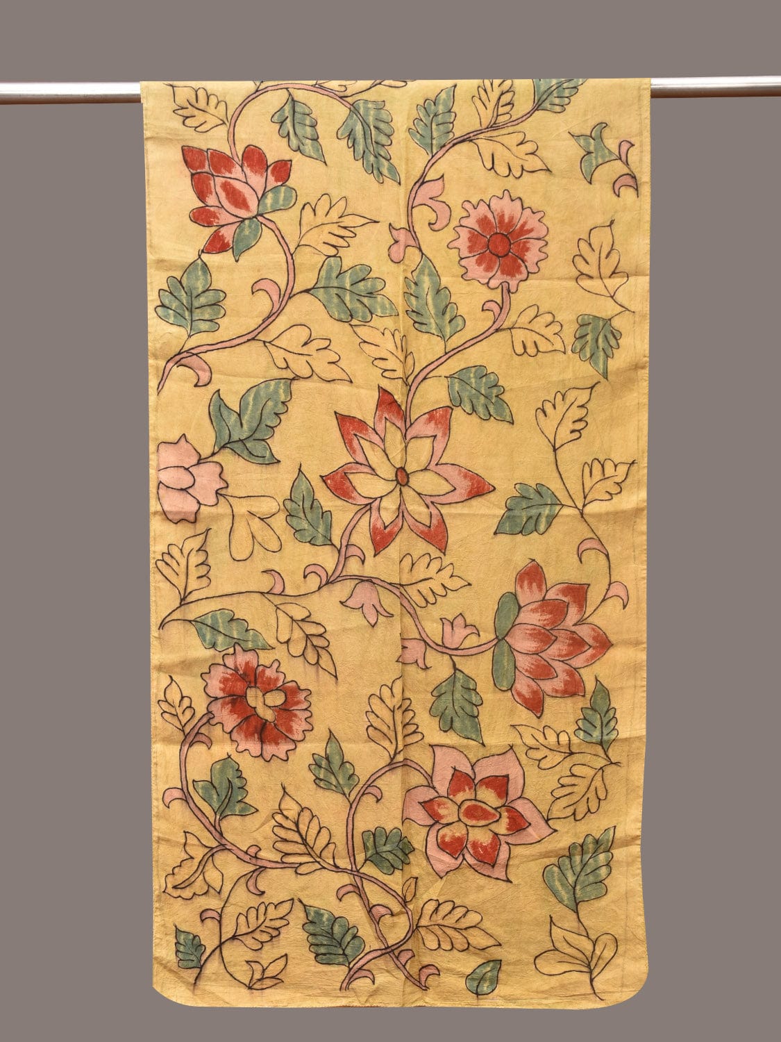 Light Yellow Kalamkari Hand Painted Sico Stole with Floral Design - Global Threads | Grocsy