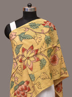 Light Yellow Kalamkari Hand Painted Sico Stole with Floral Design - Global Threads | Grocsy