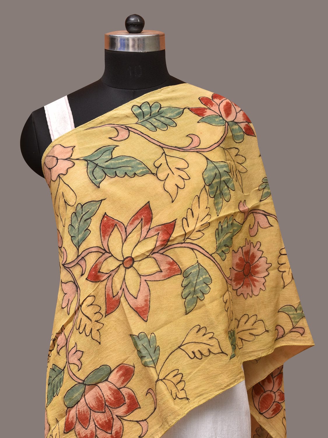 Light Yellow Kalamkari Hand Painted Sico Stole with Floral Design - Global Threads | Grocsy
