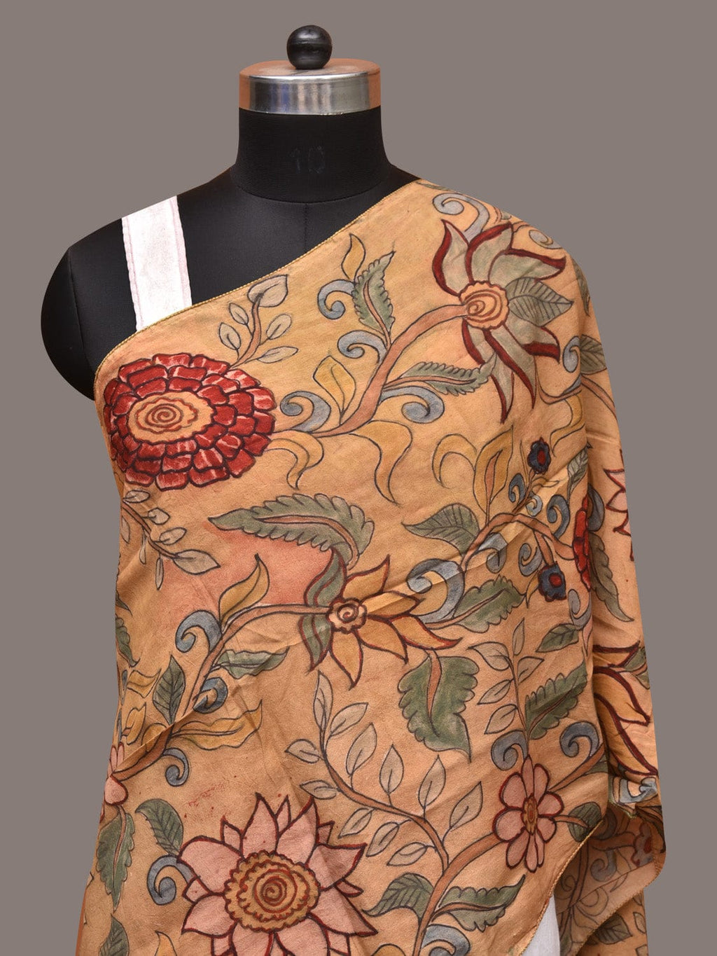 Light Yellow Kalamkari Hand Painted Sico Stole with Floral Design - Global Threads | Grocsy