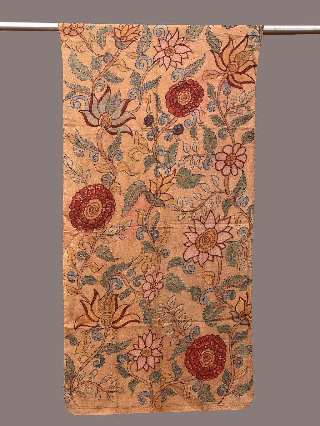 Light Yellow Kalamkari Hand Painted Sico Stole with Floral Design - Global Threads | Grocsy
