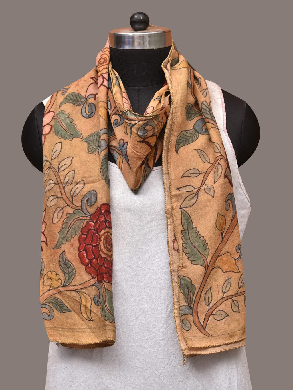 Light Yellow Kalamkari Hand Painted Sico Stole with Floral Design - Global Threads | Grocsy