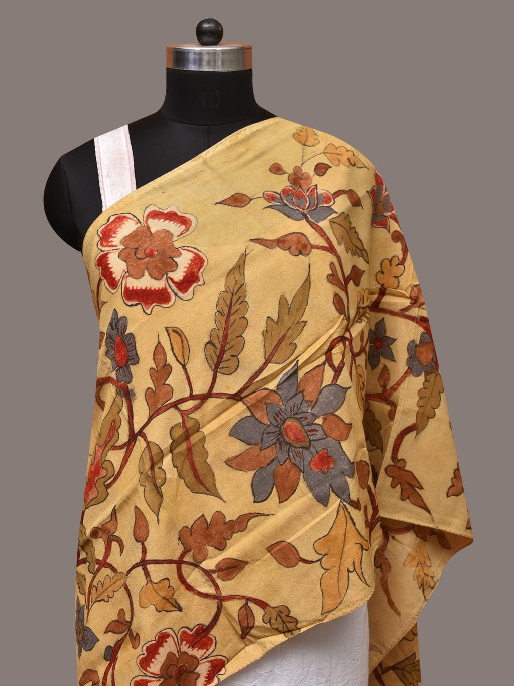 Light Yellow Kalamkari Hand Painted Sico Stole with Floral Design - Global Threads | Grocsy