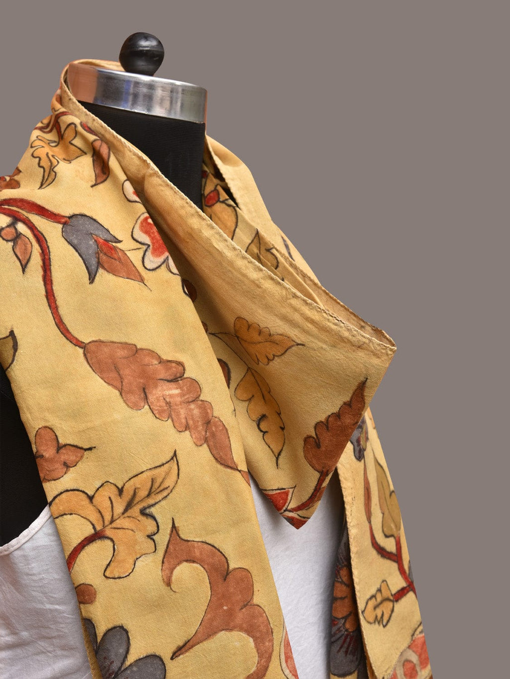 Light Yellow Kalamkari Hand Painted Sico Stole with Floral Design - Global Threads | Grocsy