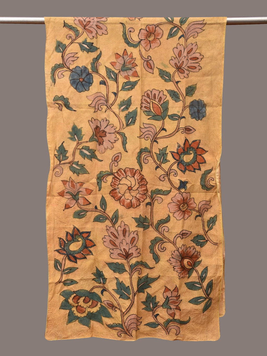 Light Yellow Kalamkari Hand Painted Sico Stole with Floral Design - Global Threads | Grocsy