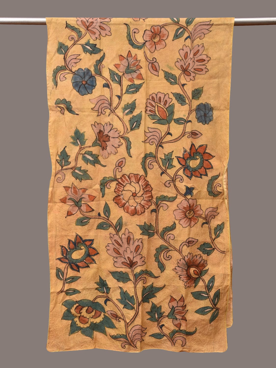 Light Yellow Kalamkari Hand Painted Sico Stole with Floral Design - Global Threads | Grocsy