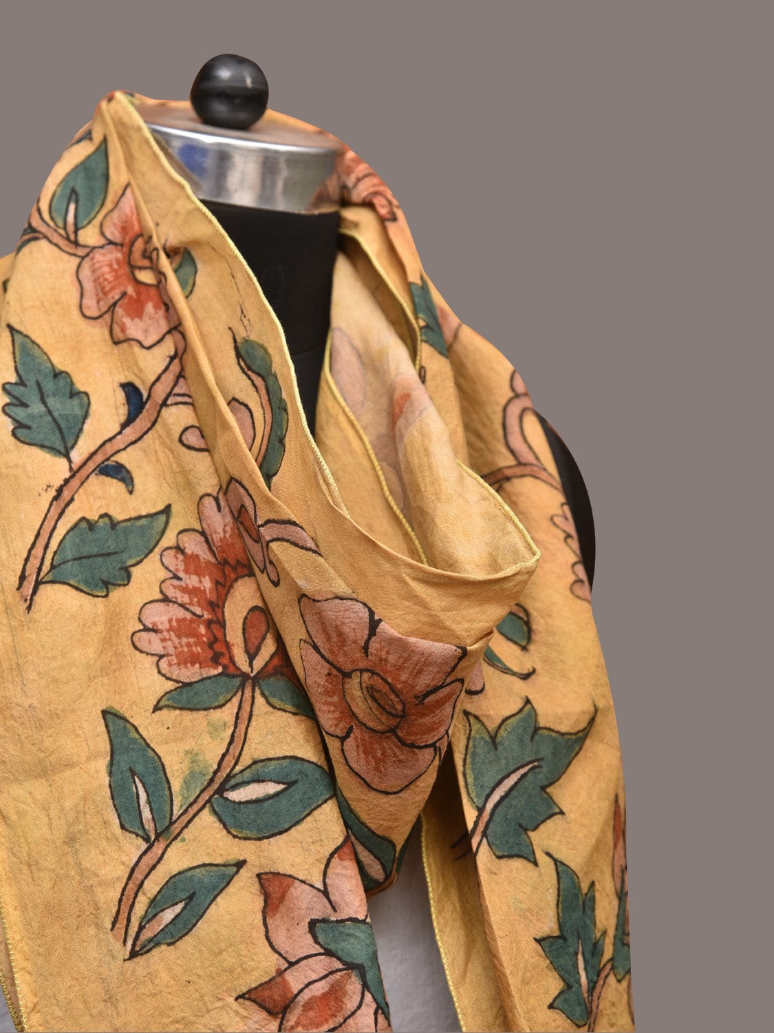 Light Yellow Kalamkari Hand Painted Sico Stole with Floral Design - Global Threads | Grocsy