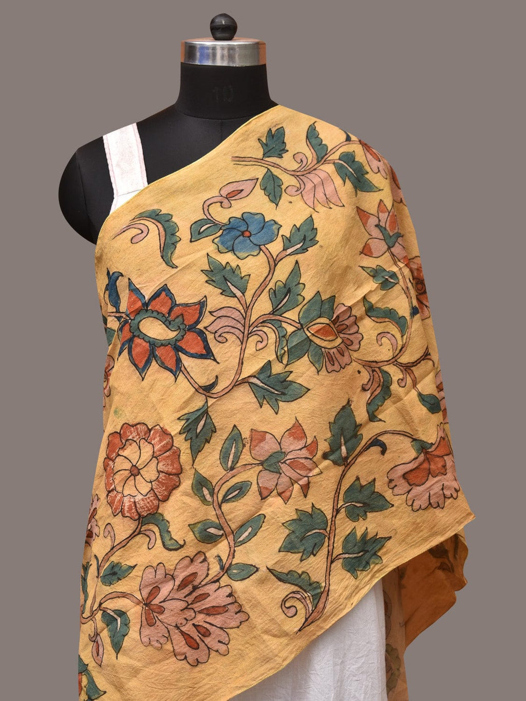 Light Yellow Kalamkari Hand Painted Sico Stole with Floral Design - Global Threads | Grocsy