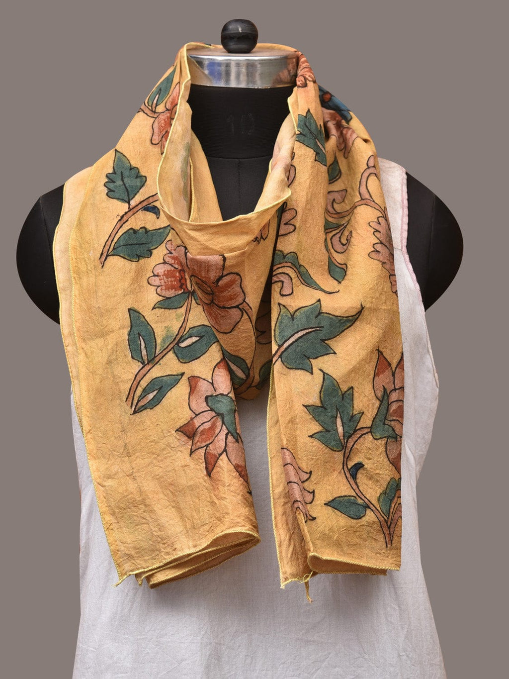 Light Yellow Kalamkari Hand Painted Sico Stole with Floral Design - Global Threads | Grocsy