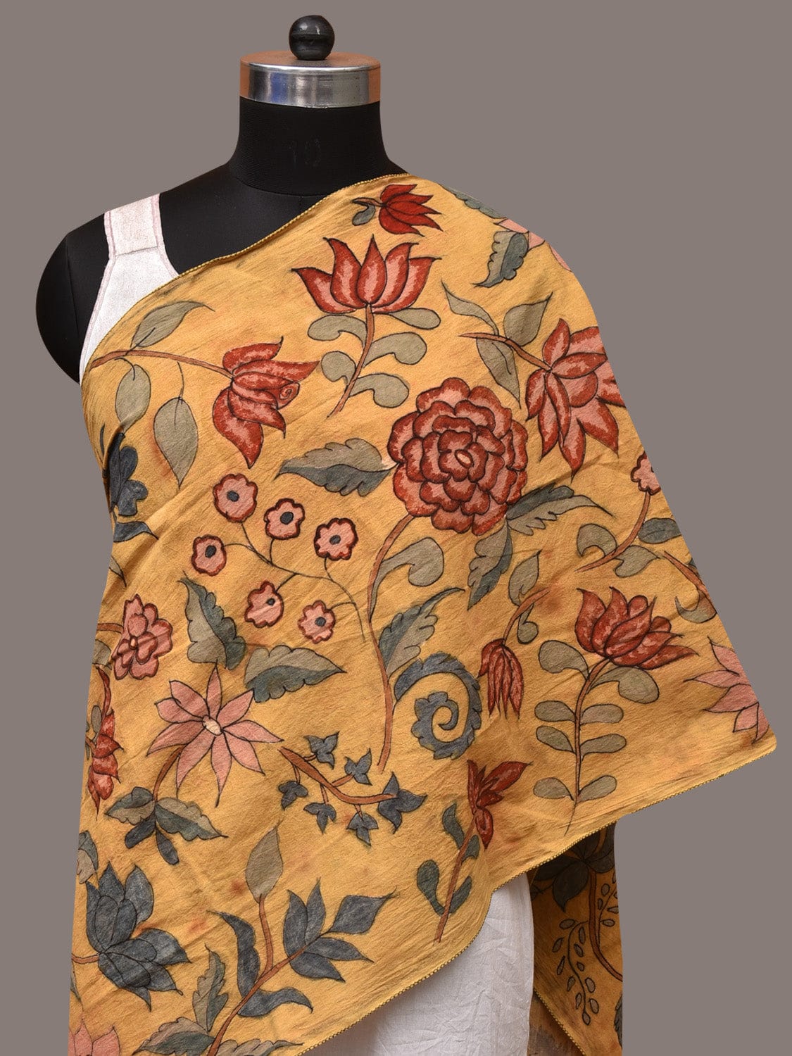 Light Yellow Kalamkari Hand Painted Sico Stole with Floral Design - Global Threads | Grocsy
