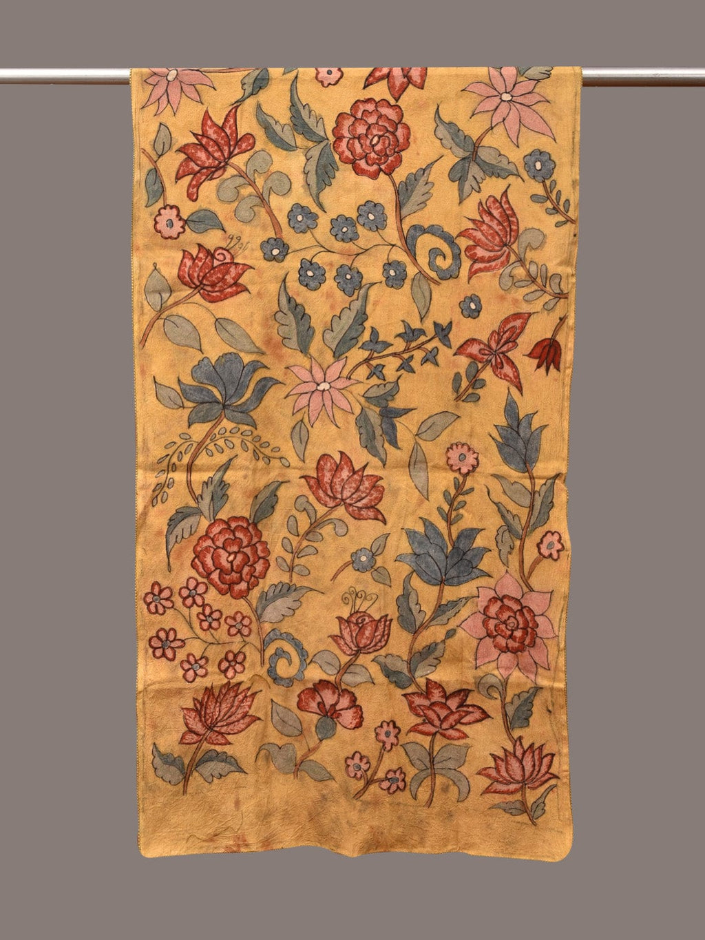 Light Yellow Kalamkari Hand Painted Sico Stole with Floral Design - Global Threads | Grocsy