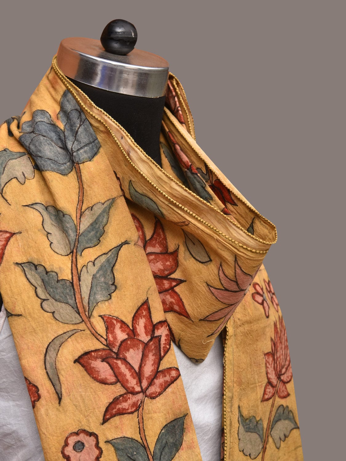 Light Yellow Kalamkari Hand Painted Sico Stole with Floral Design - Global Threads | Grocsy