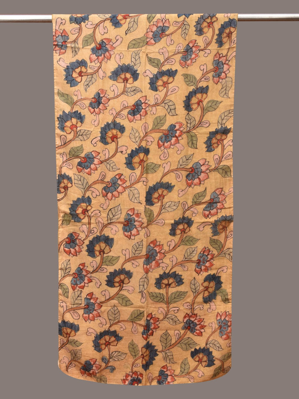 Light Yellow Kalamkari Hand Painted Sico Stole with Lotus Flowers Design - Global Threads | Grocsy