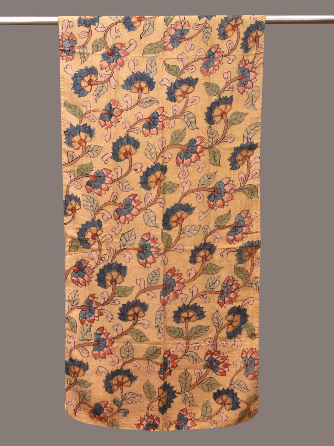 Light Yellow Kalamkari Hand Painted Sico Stole with Lotus Flowers Design - Global Threads | Grocsy