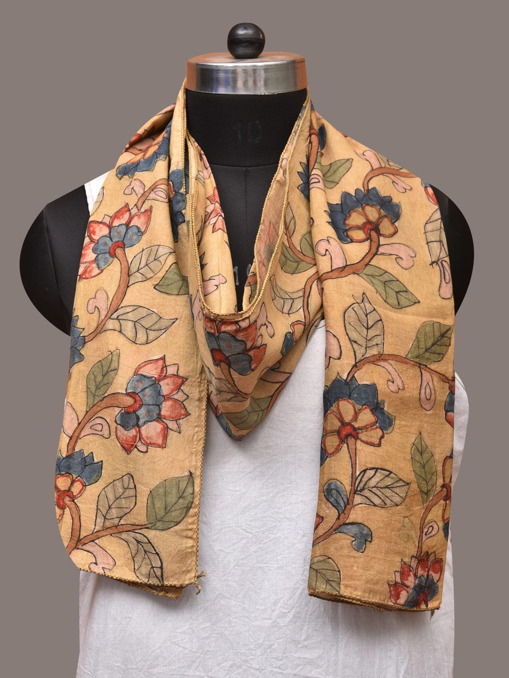 Light Yellow Kalamkari Hand Painted Sico Stole with Lotus Flowers Design - Global Threads | Grocsy