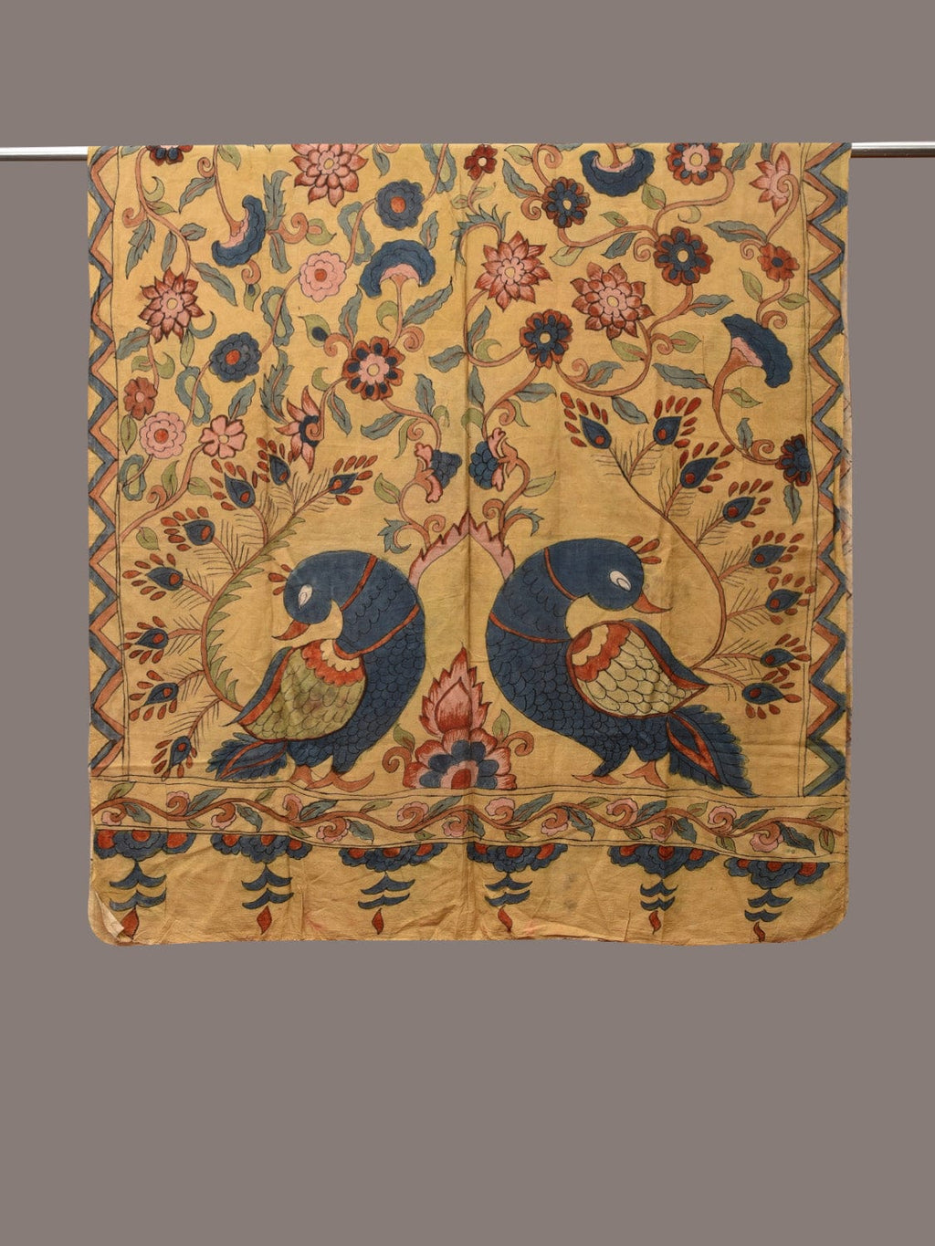 Light Yellow Kalamkari Hand Painted Silk Handloom Dupatta with Floral and Peacocks Design - Global Threads | Grocsy