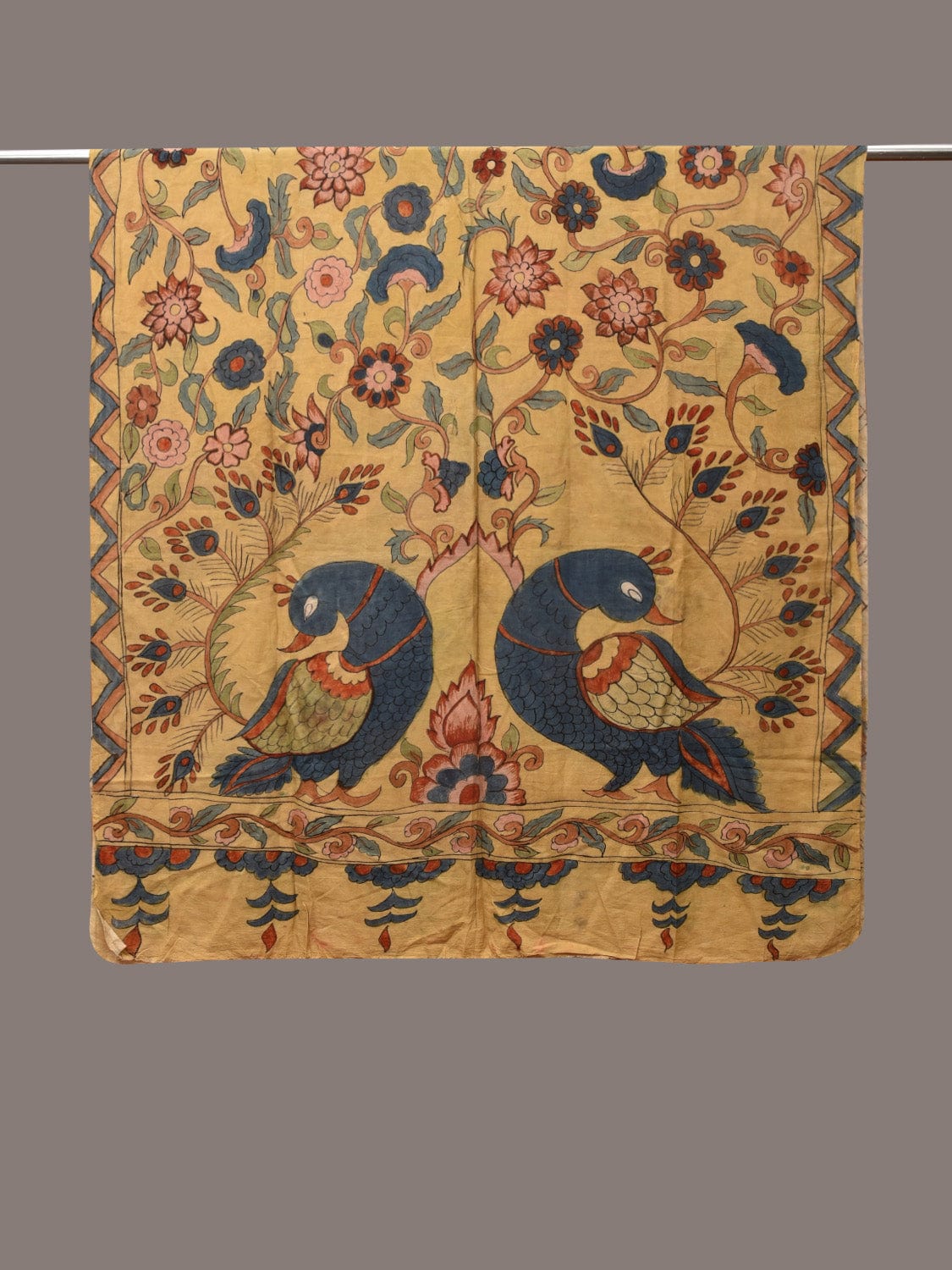 Light Yellow Kalamkari Hand Painted Silk Handloom Dupatta with Floral and Peacocks Design - Global Threads | Grocsy