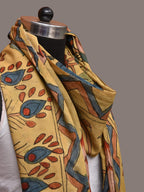 Light Yellow Kalamkari Hand Painted Silk Handloom Dupatta with Floral and Peacocks Design - Global Threads | Grocsy