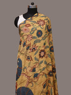 Light Yellow Kalamkari Hand Painted Silk Handloom Dupatta with Floral and Peacocks Design - Global Threads | Grocsy