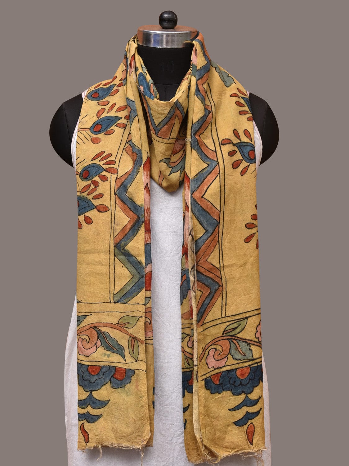 Light Yellow Kalamkari Hand Painted Silk Handloom Dupatta with Floral and Peacocks Design - Global Threads | Grocsy