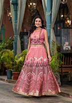 Juniper Women's Pink Ethnic Motif Printed Lehenga Set With Sequins & Gota Patti | Grocsy