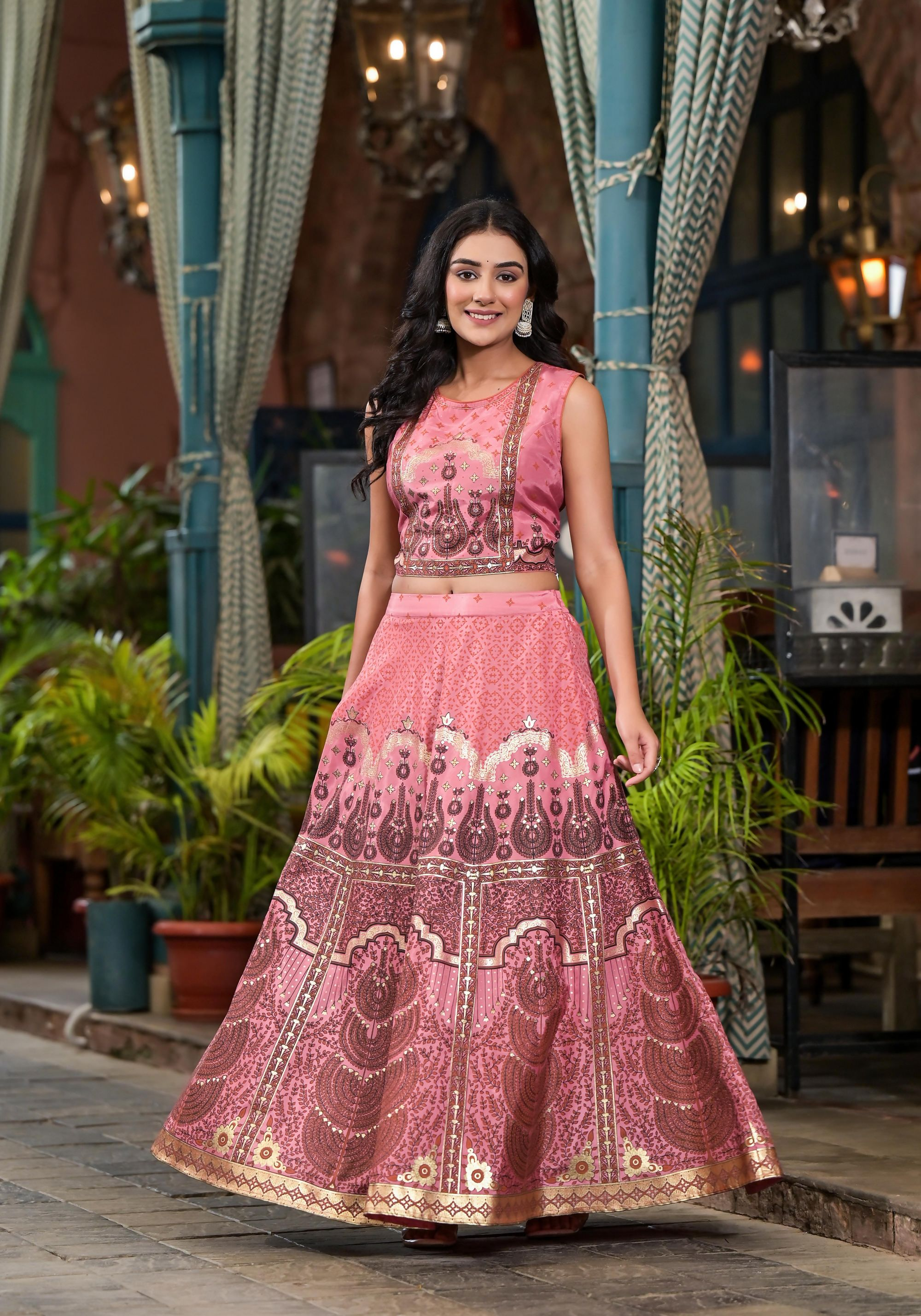 Juniper Women's Pink Ethnic Motif Printed Lehenga Set With Sequins & Gota Patti | Grocsy