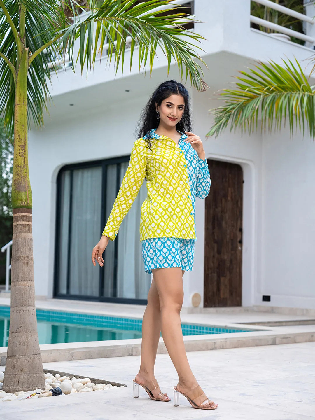 Yufta Lime Green & Blue Cotton Colour Blocking Co-Ord Set | Grocsy