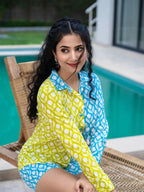 Yufta Lime Green & Blue Cotton Colour Blocking Co-Ord Set | Grocsy