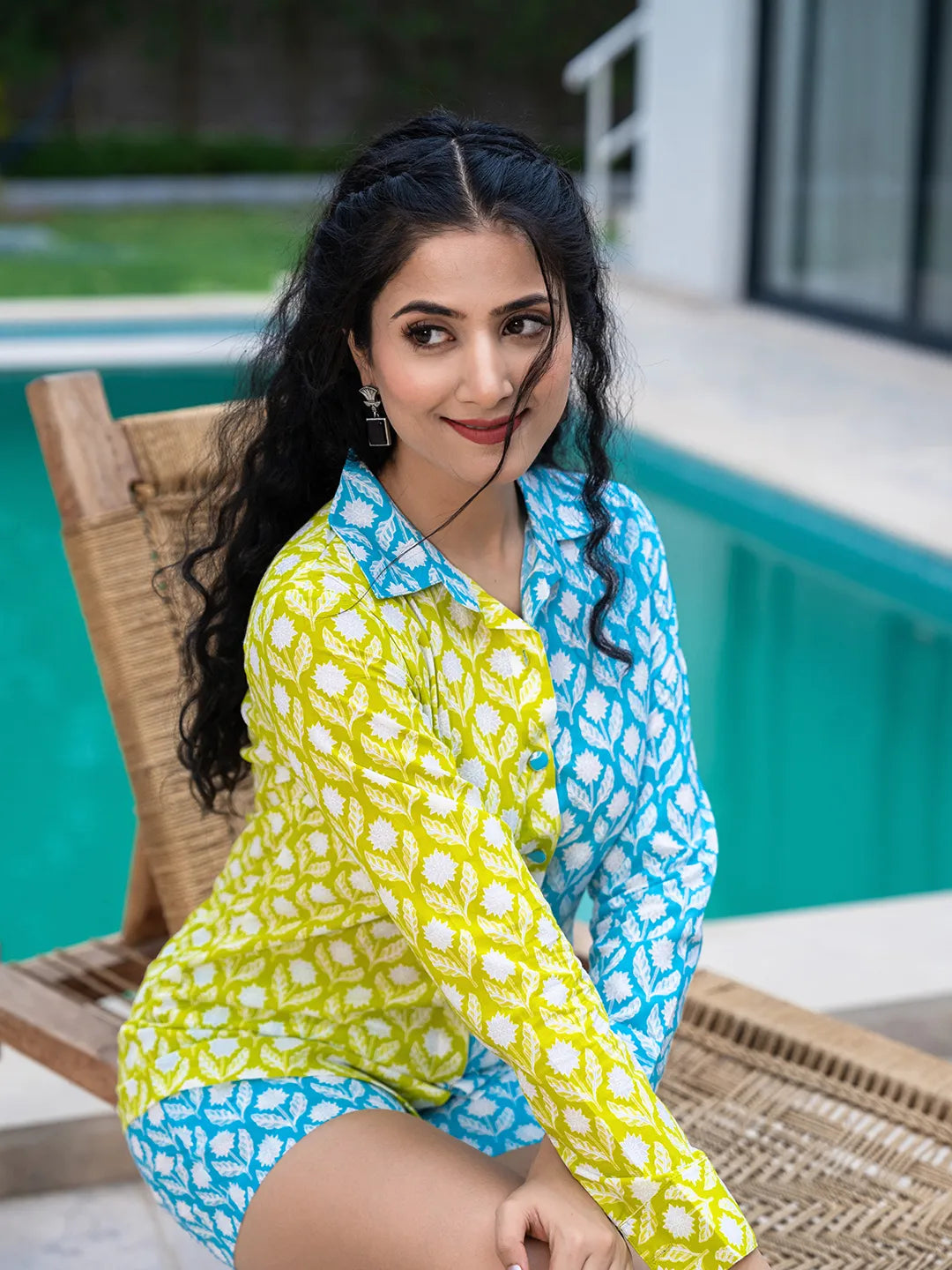 Yufta Lime Green & Blue Cotton Colour Blocking Co-Ord Set | Grocsy