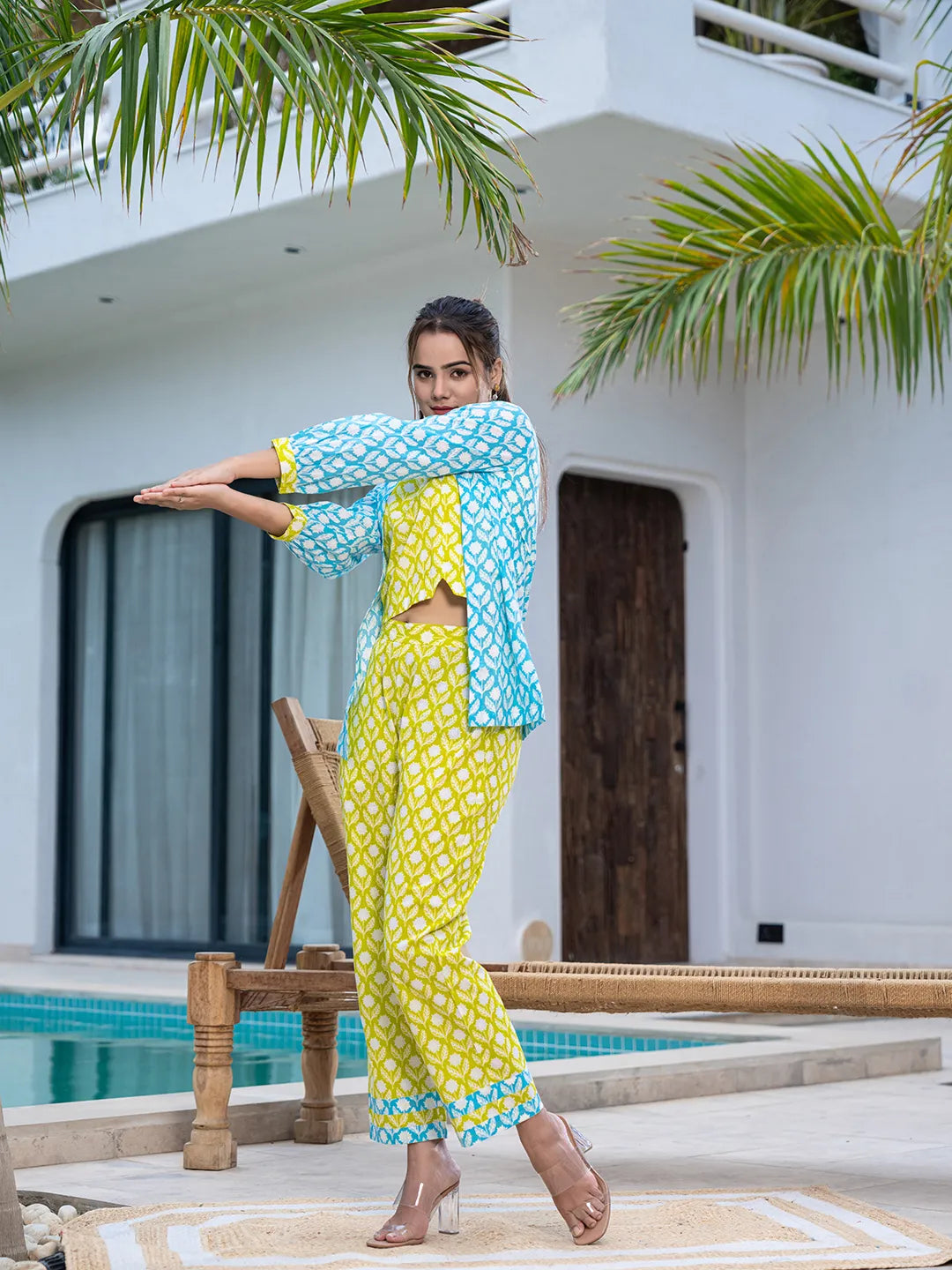 Yufta Lime Green & Sky Blue Co Ord Set Add Jacket | Grocsy