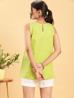 BohoJazz Lime Green Top with Motif and White Shorts Co-ord Set | Grocsy