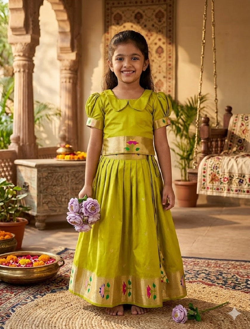 Evanik Green Soft Silk Paithani Design Zari Weaving Pavadai Lehenga Choli For Kids | Grocsy