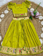 Evanik Green Soft Silk Paithani Design Zari Weaving Pavadai Lehenga Choli For Kids | Grocsy