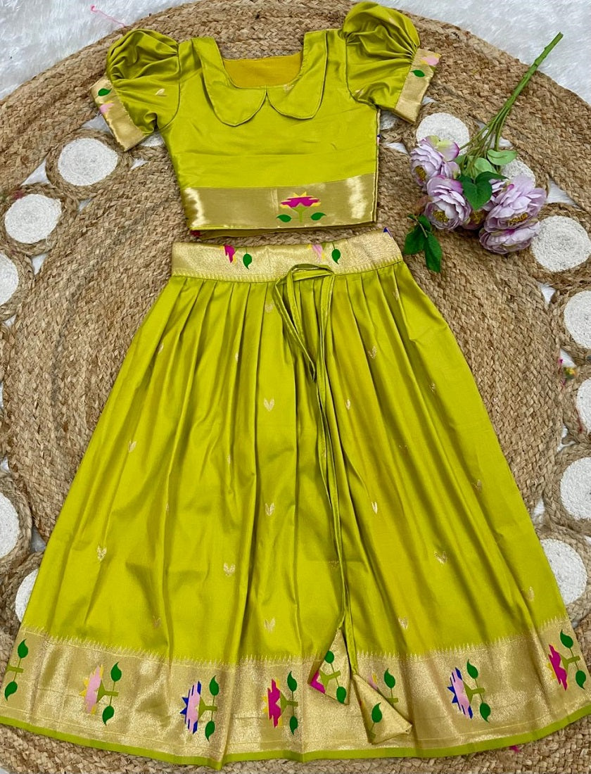 Evanik Green Soft Silk Paithani Design Zari Weaving Pavadai Lehenga Choli For Kids | Grocsy