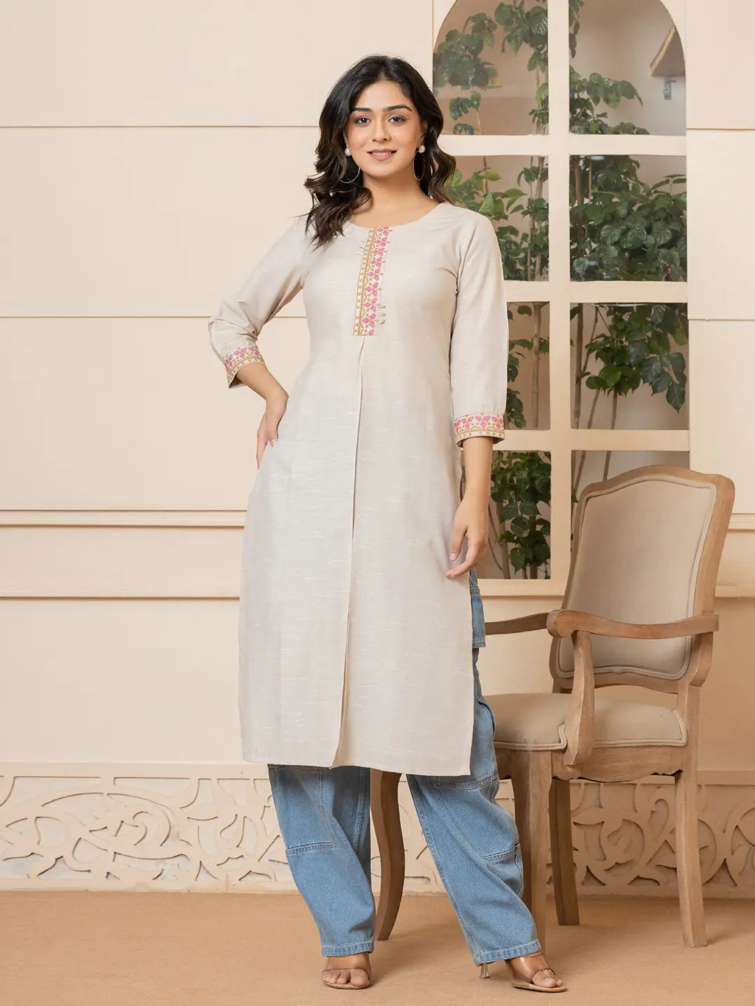 Yufta Linen Beige Embroidery Straight Kurta | Grocsy