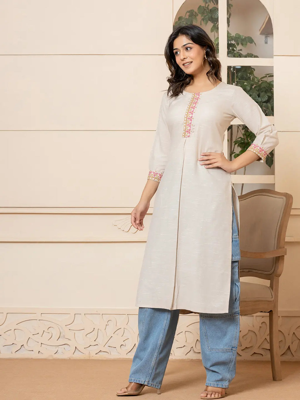 Yufta Linen Beige Embroidery Straight Kurta | Grocsy